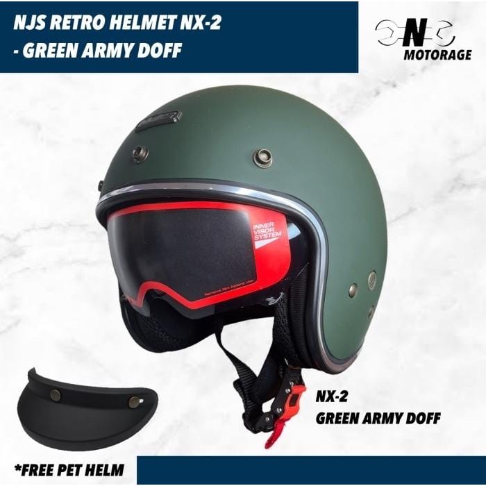 NJS NX-2 Half Face Motorcycle Helmet Retro Green Army Doff / Green Army  Doff - M | Indo4ward
